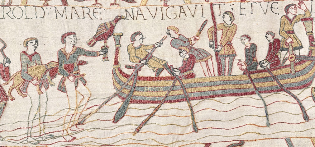 Extrait de la Tapisserie de Bayeux où Harold est dans l'eau pour monter à bord de son bateau qui va l'amener en Normandie