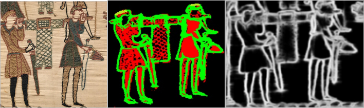 Segmentation en régions (au centre) et en contours (à droite) de la scène 37 de la Tapisserie de Bayeux (à gauche)